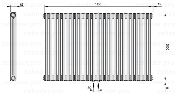 Схема (чертеж) Радиатор Zehnder Charleston 2200/25 №5410 Белый глянцевый RAL 9016